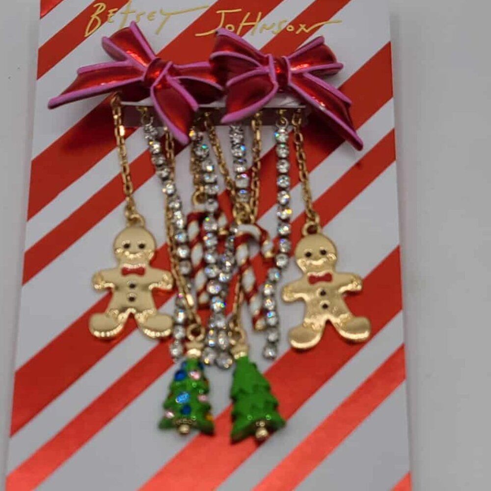 Betsey Johnson Red Bow Ginger Bread Man Tree Crystal Charm Earrings NWT!  NEW!